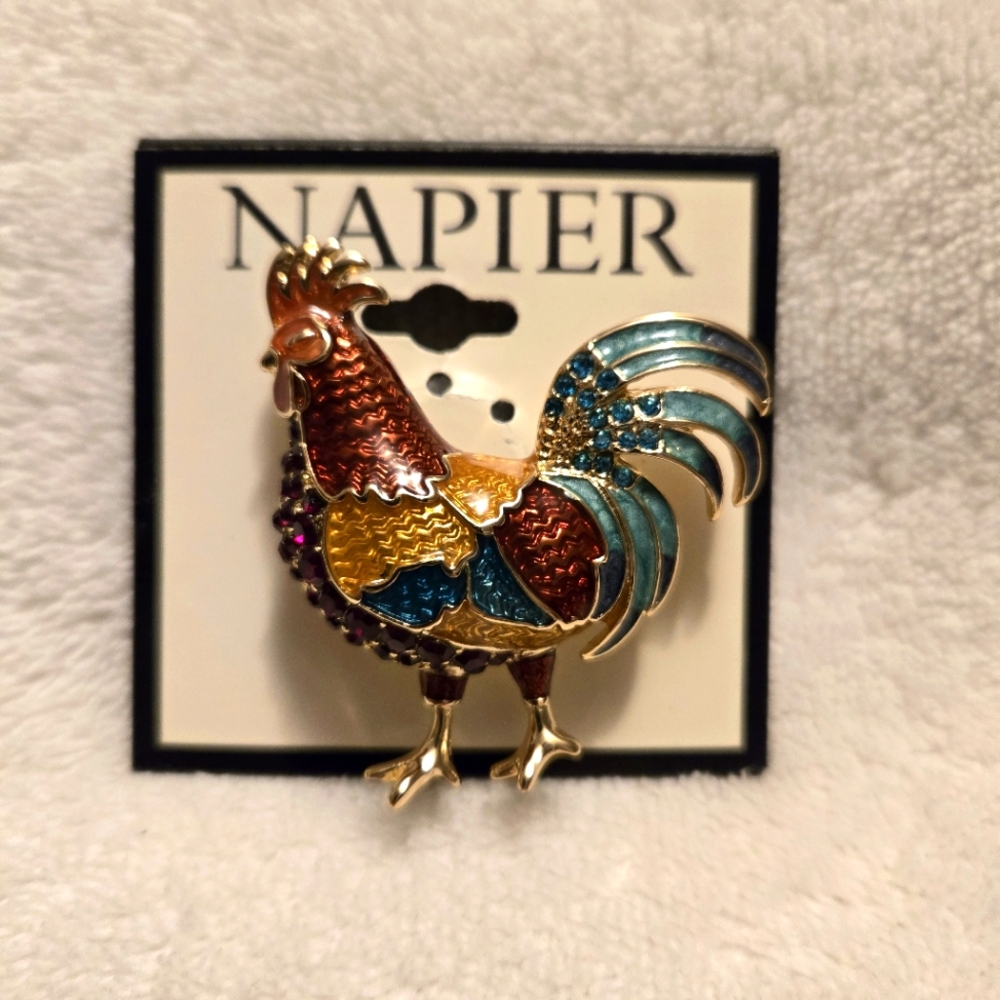 Napier New Gold Toned Red/Gold/Green/Blue Rooster Pin Brooch Red & Blue Stones